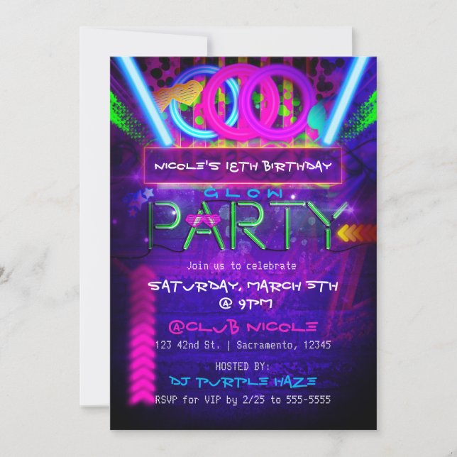 Neon Glow PARTY Birthday Club Event Invitations (Front)