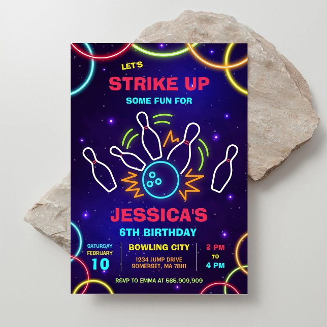 Neon Glow Party Bowling Birthday Invitation (Creator Uploaded)