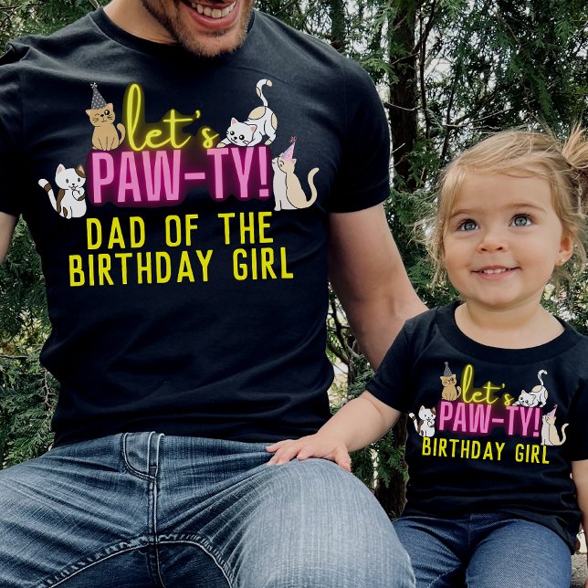 Neon Glow Pink Let's Pawty Cute Cats Birthday Girl T-Shirt (Creator Uploaded)