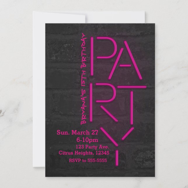 Neon Glow Pink PARTY Brick Wall Urban Invitation (Front)