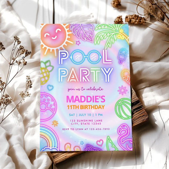 Neon Glow Pool Party Birthday Invitation (Creator Uploaded)
