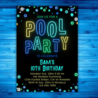 Neon Glow Pool Party Boys Summer Birthday Party Invitation