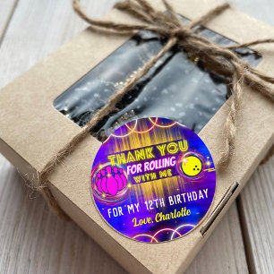 Neon Glow Purple Bowling Birthday Party Thank You Classic Round Sticker