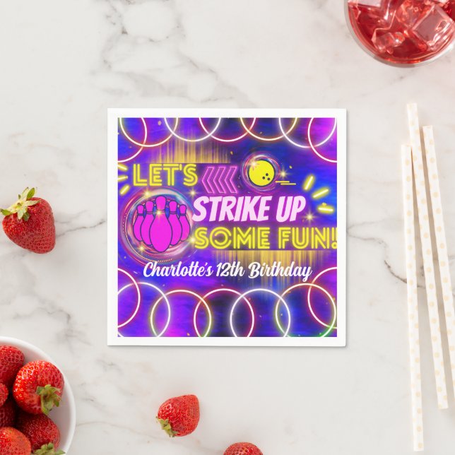 Neon Glow Purple Girl's Bowling Birthday Party Napkin (Insitu)