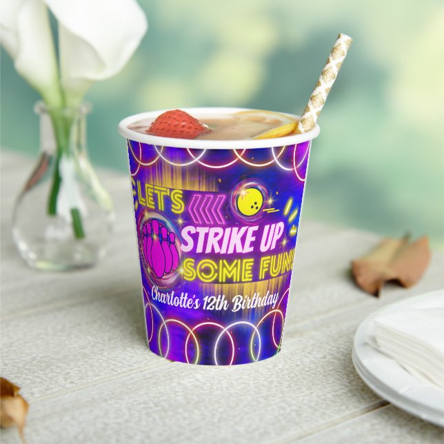 Neon Glow Purple Girl's Bowling Birthday Party Paper Cups (Insitu)