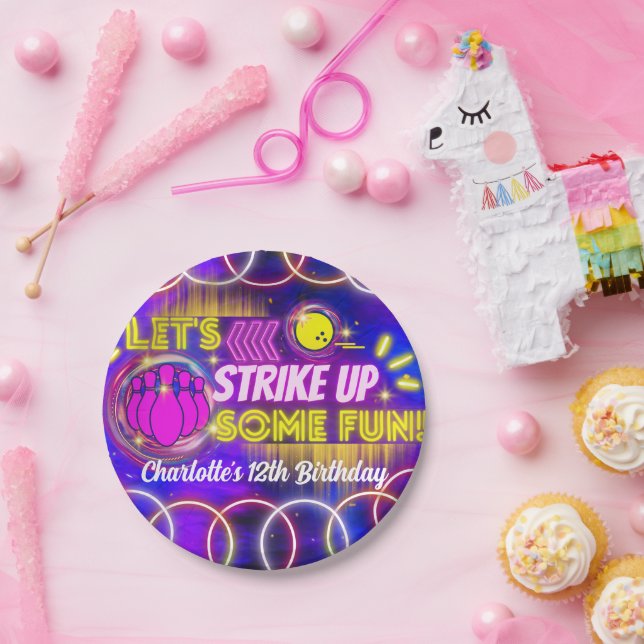 Neon Glow Purple Girl's Bowling Birthday Party Paper Plate (Party)
