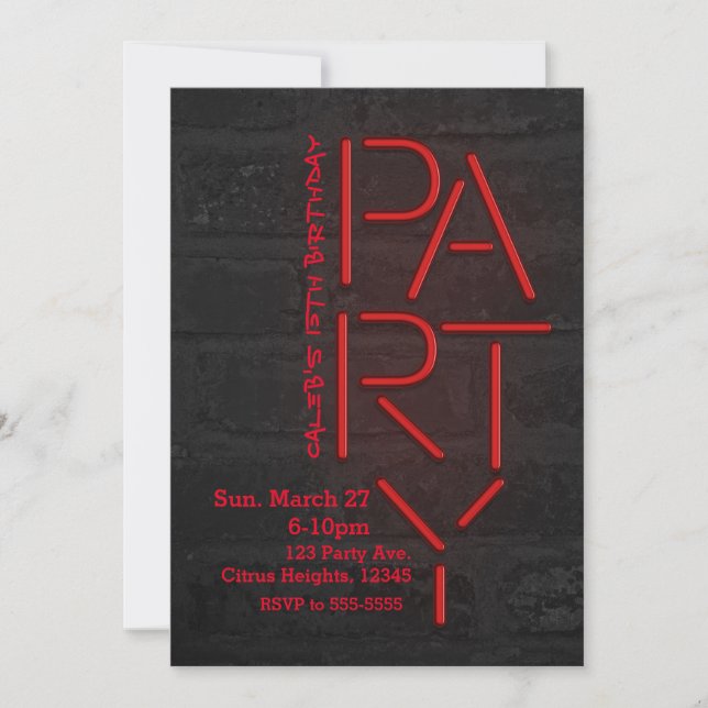 Neon Glow Red PARTY Brick Wall Urban Invitation (Front)