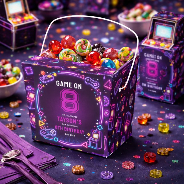 Neon Glow Retro Arcade Gaming 8th Birthday Favour Box (Neon Glow Retro Arcade Gaming 8th Birthday Favor Boxes)