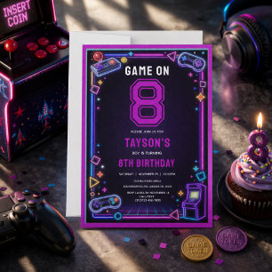 Neon Glow Retro Arcade Gaming 8th Birthday Invitation