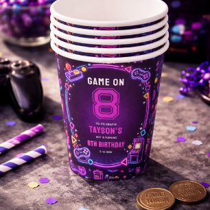 Neon Glow Retro Arcade Gaming 8th Birthday Paper Cups