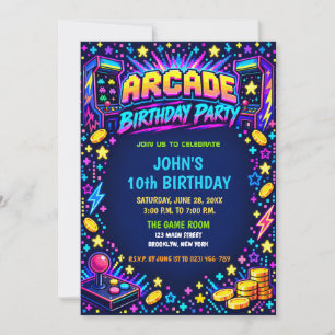 Neon Glow Retro Arcade Gaming Birthday Party Invitation
