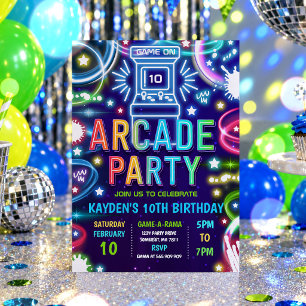 Neon Glow Retro Arcade Gaming Birthday Party Invitation