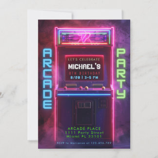 Neon Glow Retro Arcade Gaming Birthday Party Invitation