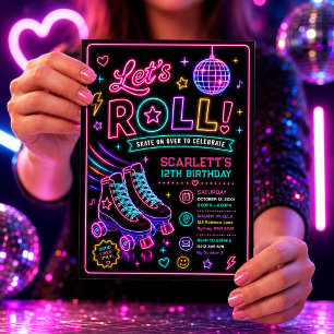 Neon Glow Roller Skate Girls Birthday Party Invitation