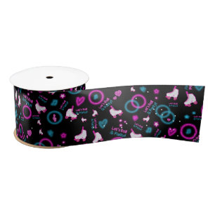Neon Glow Roller Skating Let's Roll Pattern Satin Ribbon