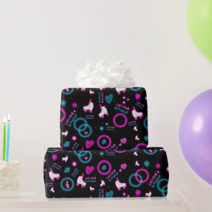 Neon Glow Roller Skating Let's Roll Pattern Wrapping Paper