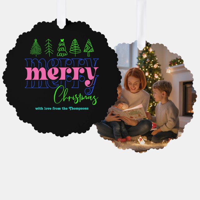 Neon Glow Scribbles Merry Christmas Keepsake Tree Decoration Card (Front/Back)