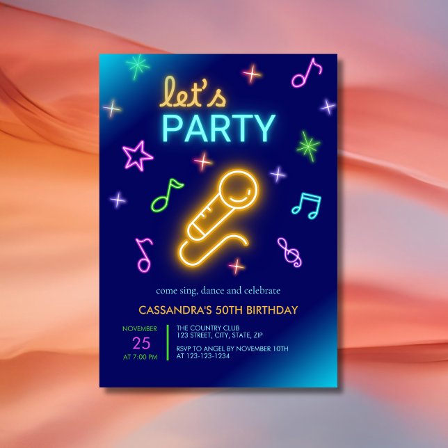 Neon Glow Singing Karaoke Birthday Invitation (Creator Uploaded)