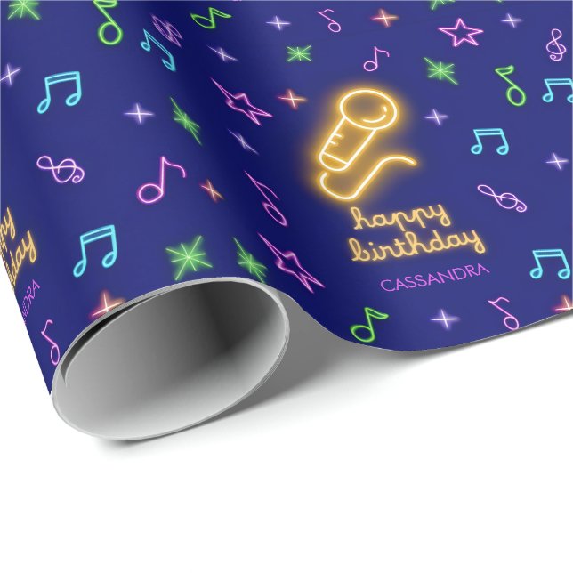 Neon Glow Singing Karaoke Name Birthday Wrapping Paper (Roll Corner)