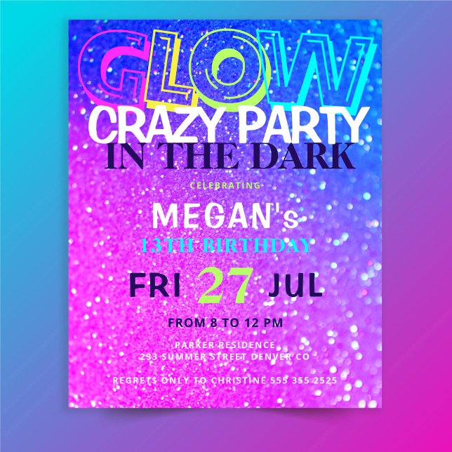 Neon glow teens budget birthday party invitation (Creator Uploaded)