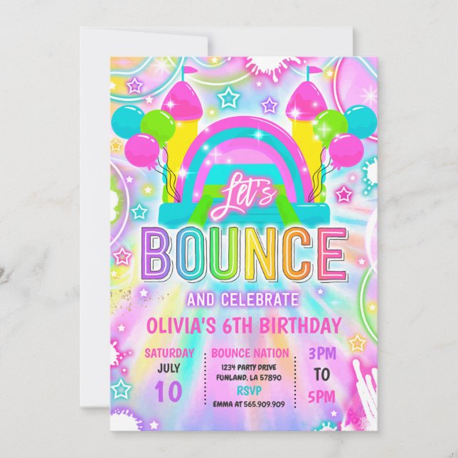 Neon Glow Tie Dye Bounce House Birthday Party Invitation (Front)