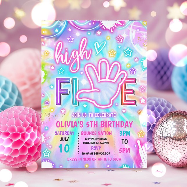 Neon Glow Tie Dye High Five 5th Birthday Party Invitation (Creator Uploaded)