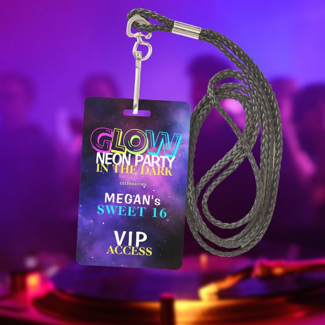 Neon glow VIP access Sweet 16 birthday invitation ID Badge (Creator Uploaded)
