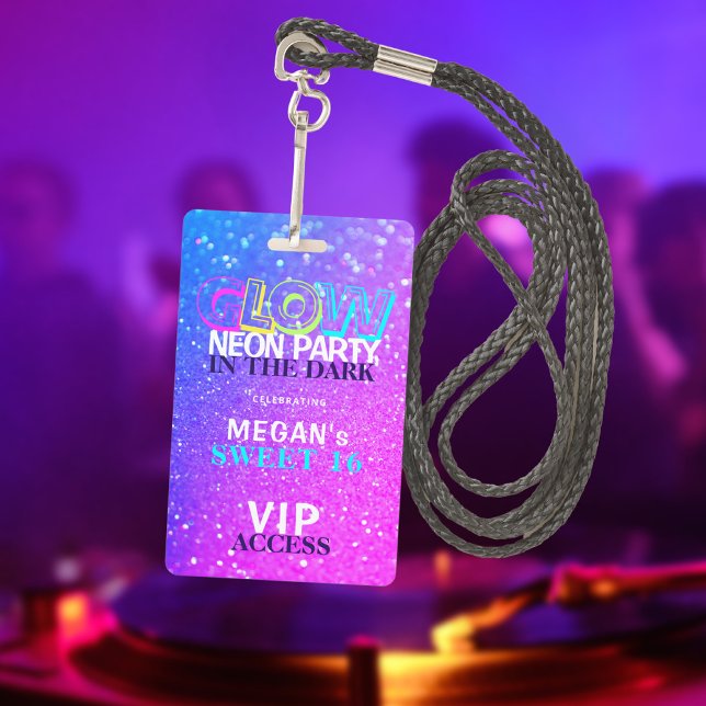 Neon glow VIP access Sweet 16 birthday invitation ID Badge (Creator Uploaded)