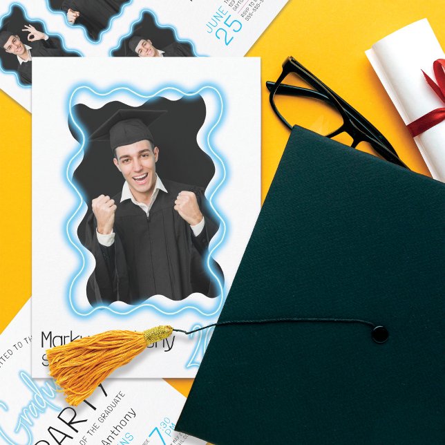 Neon Glow Wavy Border Photo Graduation Party Invitation (Creator Uploaded)