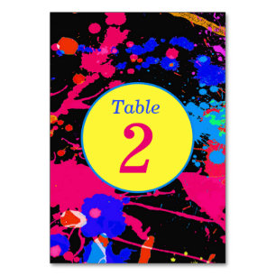Neon Glow, Yellow Pink Purple Paint Splatter, Table Number