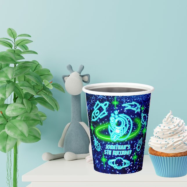 Neon Glowing Blue Outer Space Astronaut Rocket Paper Cups (Creator Uploaded)
