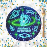 Neon Glowing Blue Outer Space Rocket Ship Boy's Paper Plate<br><div class="desc">Outer space astronaut boys' birthday design in bright neon glowing blue and green.</div>