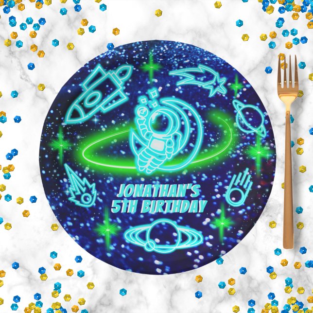 Neon Glowing Blue Outer Space Rocket Ship Boy's Paper Plate (Creator Uploaded)