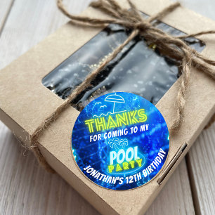 Neon Glowing Boys Pool Party Blue Green Thank You Classic Round Sticker