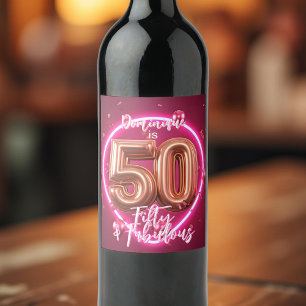 Neon Glowing Glam Rose Gold Balloons 50th Birthday Wine Label
