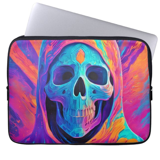 Neon Glowing Skull Art Laptop Sleeve (Front)