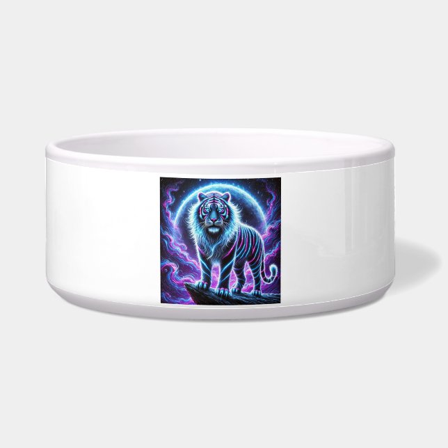 Neon Glowing Tiger Ceramic Pet Bowl Design. (Front)