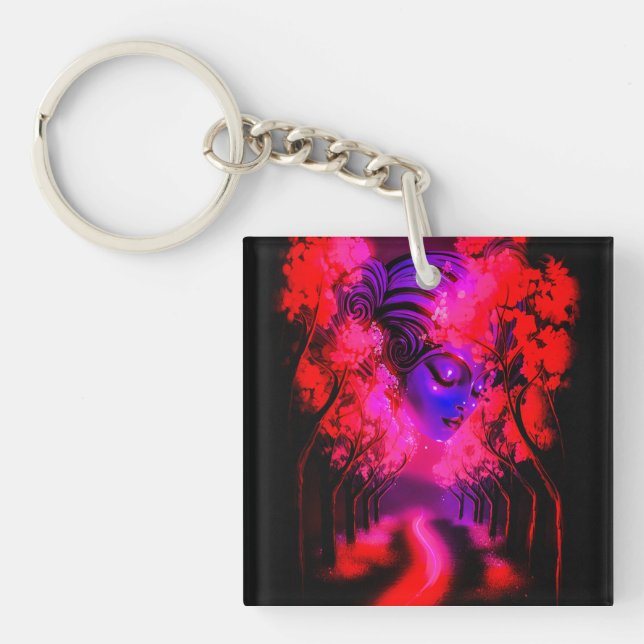 Neon Goddess in Enchanted Forest Key Ring (Front)
