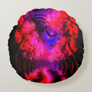 Neon Goddess in Enchanted Forest Round Cushion