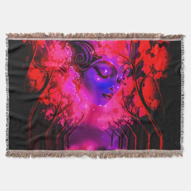 Neon Goddess in Enchanted Forest Throw Blanket (Front)