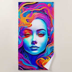 Neon Goddess with Flowing Cosmic Hair Beach Towel