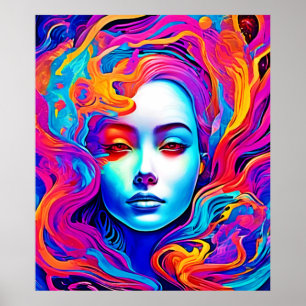 Neon Goddess with Flowing Cosmic Hair Poster