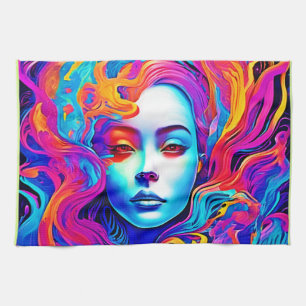 Neon Goddess with Flowing Cosmic Hair Tea Towel