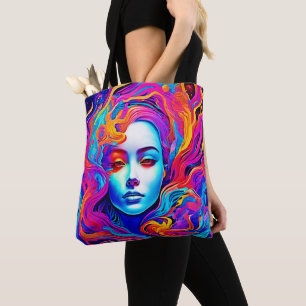 Neon Goddess with Flowing Cosmic Hair Tote Bag