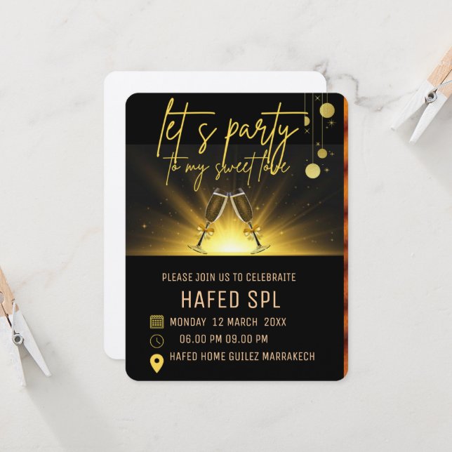 Neon Gold Light Digital Party e-invite Template, B Invitation (Front/Back In Situ)