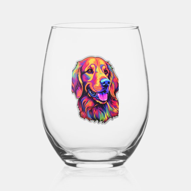 Neon Golden Retriever   Stemless Wine Glass (Front)