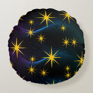 Neon Golden Stars Cosmic Wave Round Pillow