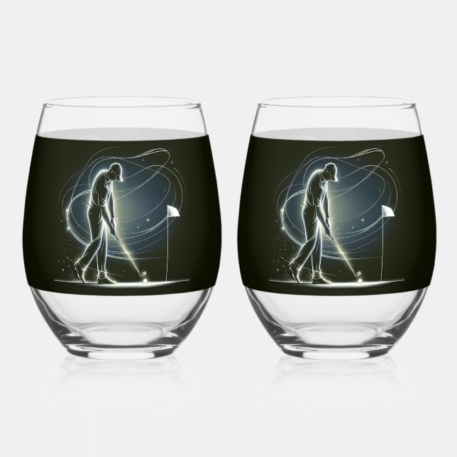 Neon Golfer on Black Stemless Wine Glass (Front)