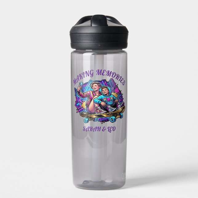 Neon Graffiti Cool Mum & Son Skateboard Water Bott Bottle (Front)