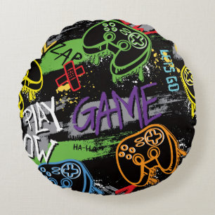 Neon Graffiti Gaming Pattern Round Cushion